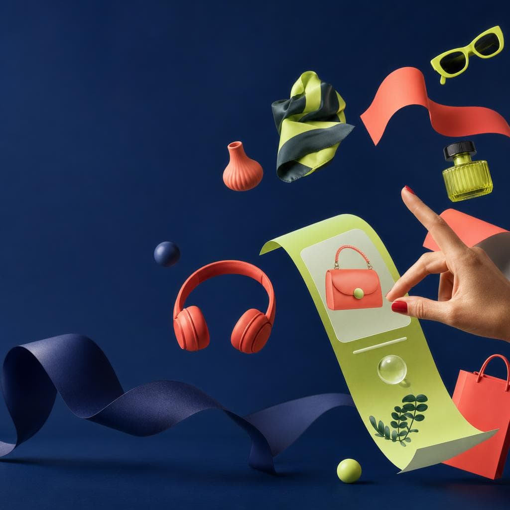 Colourful products arranged around a conversational shopping interface