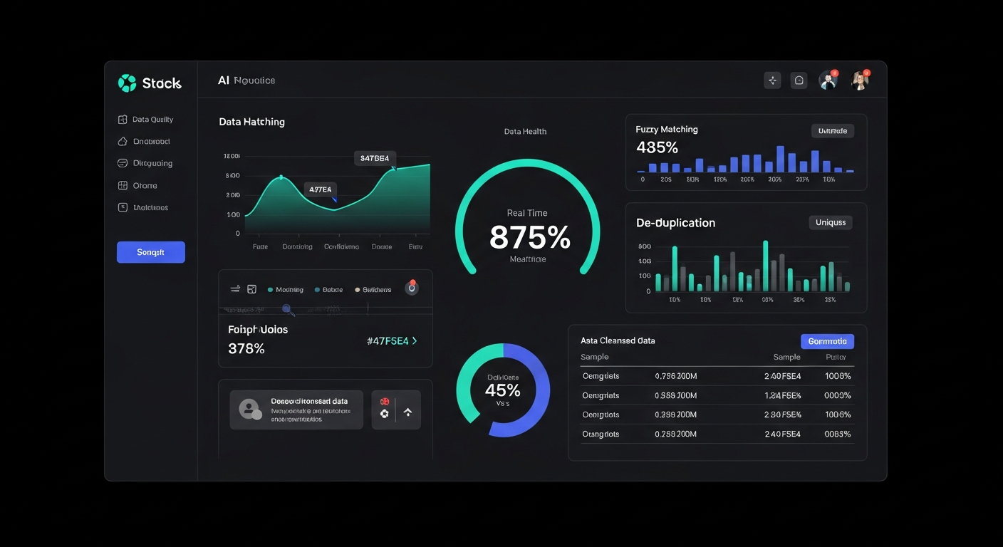 AI data cleansing dashboard showing data quality metrics, fuzzy matching results, and real-time data health monitoring