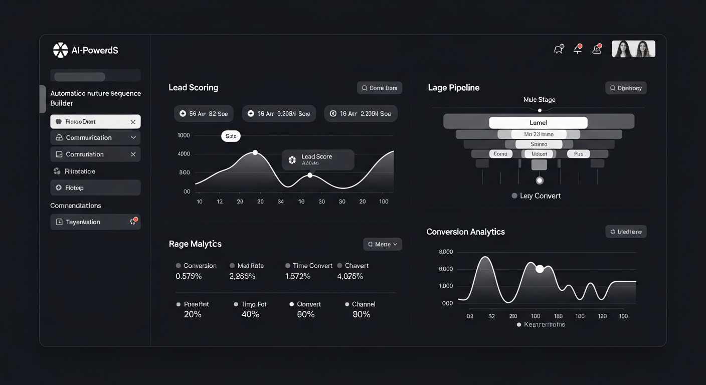 AI Lead Generation Engine dashboard showing lead scoring, pipeline funnel analytics, and automated nurture sequences