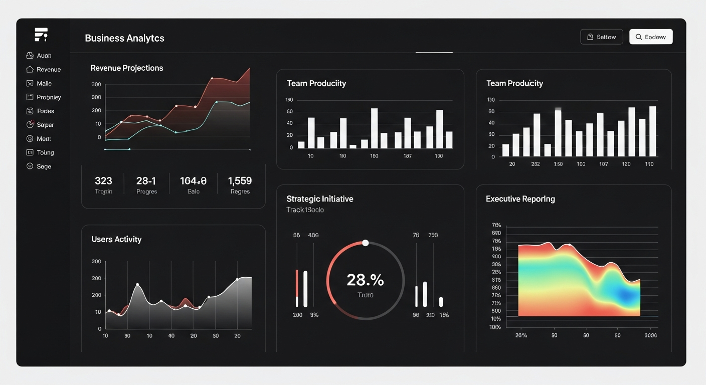 Business analytics dashboard showing company performance metrics and strategic initiative tracker
