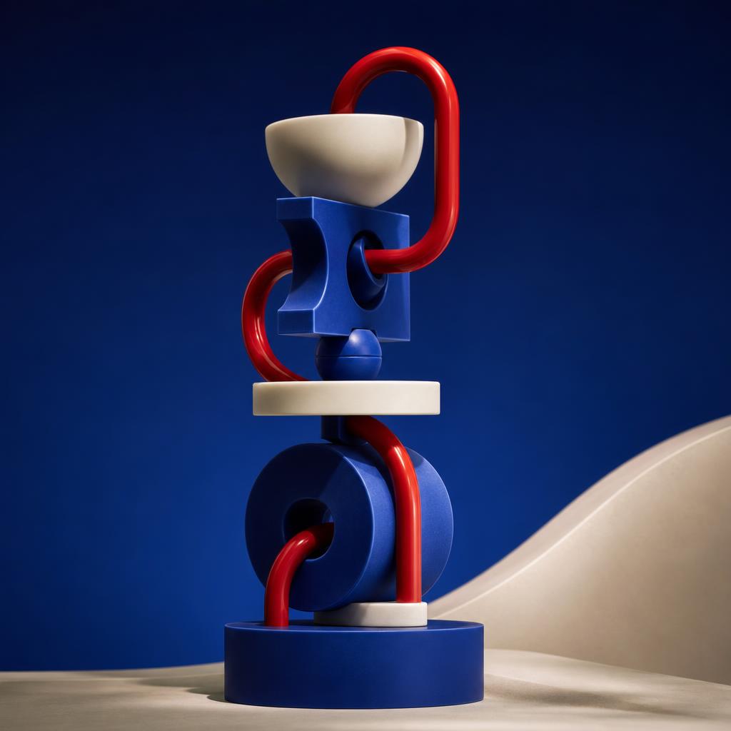 A crimson tube looping through cobalt and ivory components