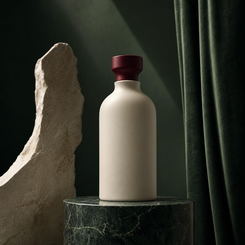 An ivory sculptural bottle on a forest-green pedestal