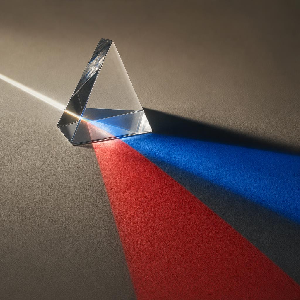 A prism splitting light into cobalt and crimson planes