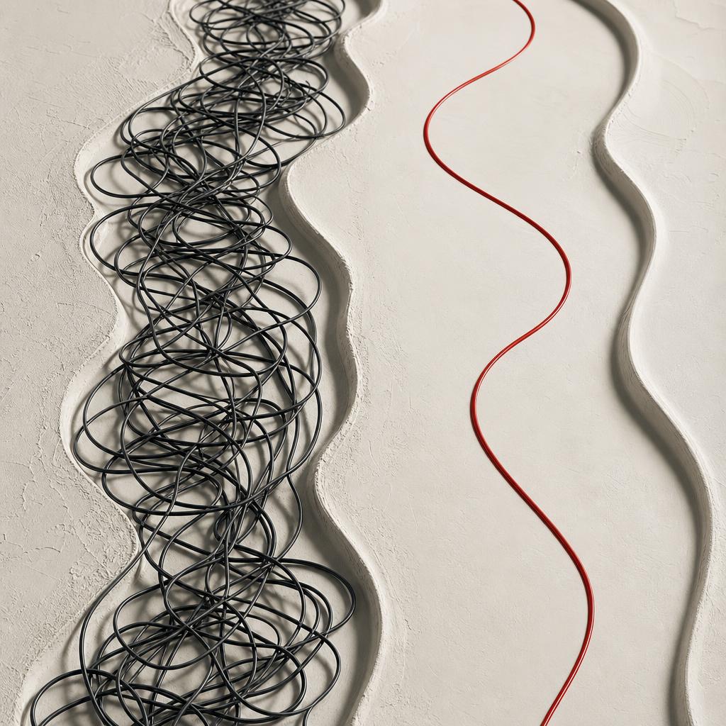 A tangled charcoal path beside a clean crimson path