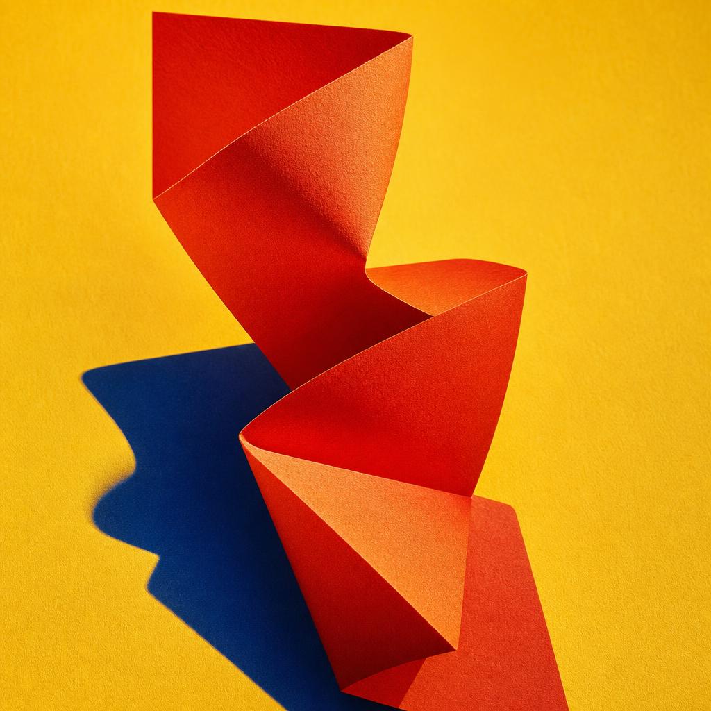 A vermilion folded paper sculpture against a yellow field