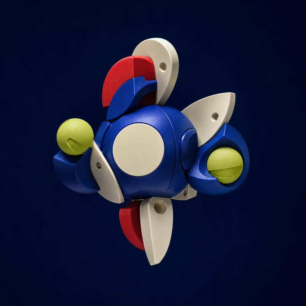 A floating modular object assembled from colourful pieces