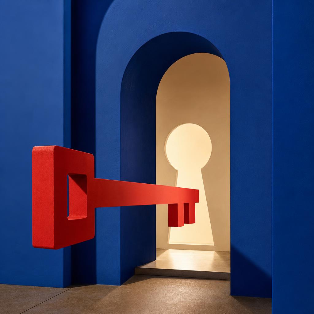 A cobalt doorway and a red key-like geometric form