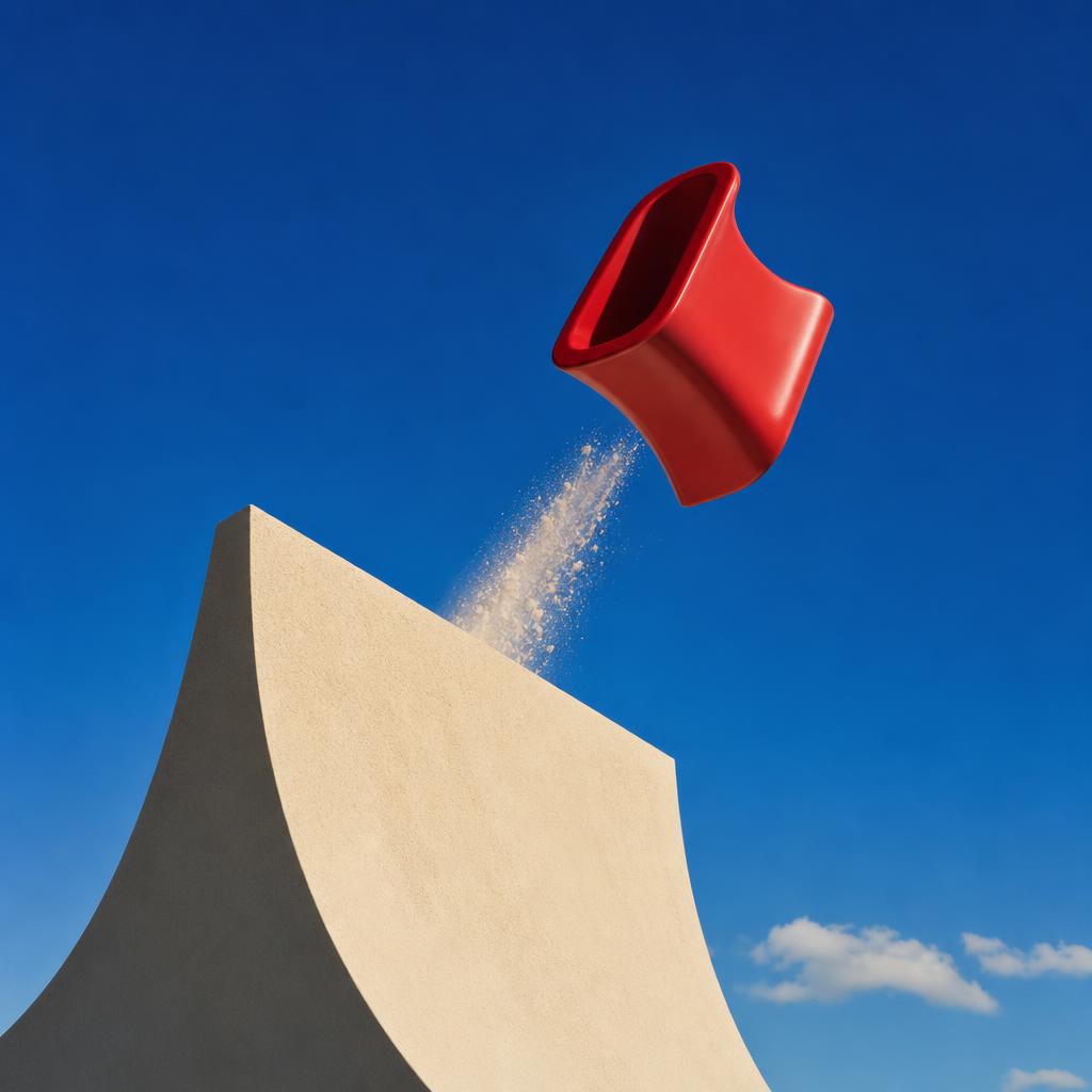 A red sculptural object launching from a cream ramp