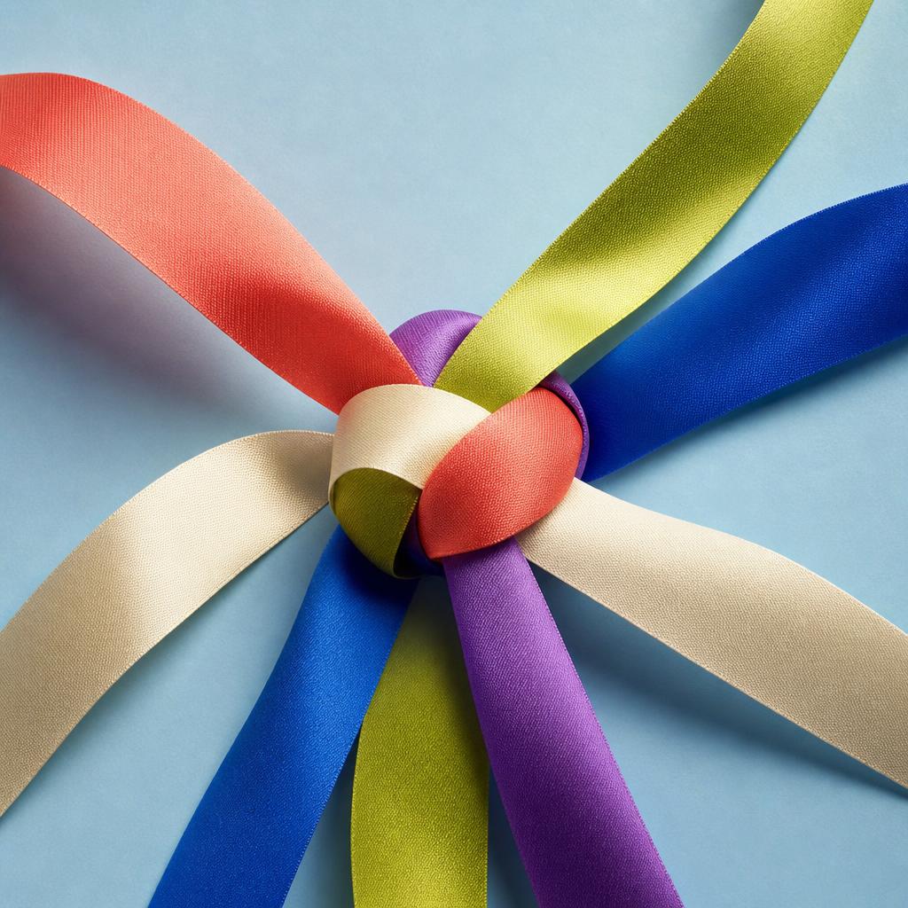 Five colourful ribbons braided into one knot