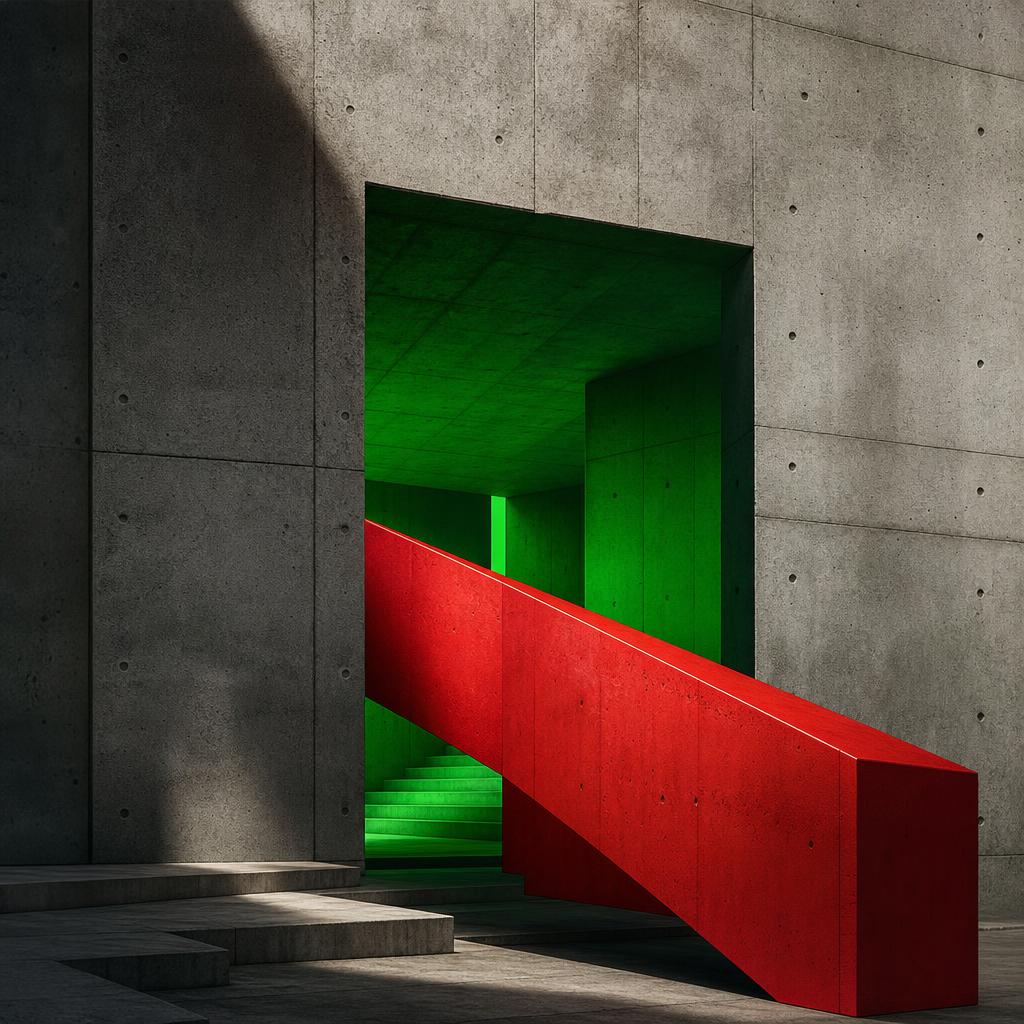 A concrete wall opening onto a vivid green interior